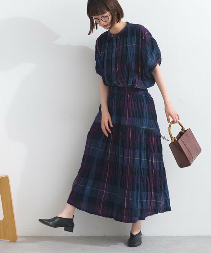 日本 Lupilien - 印度棉 皺皺文青格紋側抽繩長裙-橘