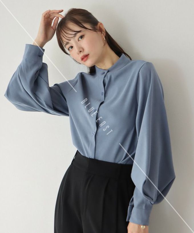 日本 BLUE EAST - 知性小立領澎澎氣球袖襯衫-黑