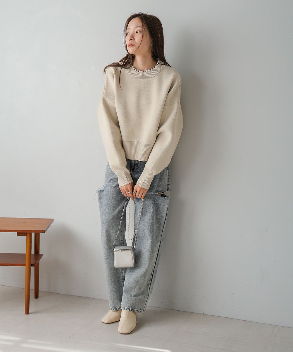 日本 Bab - 低糖珍珠領長袖針織上衣-米