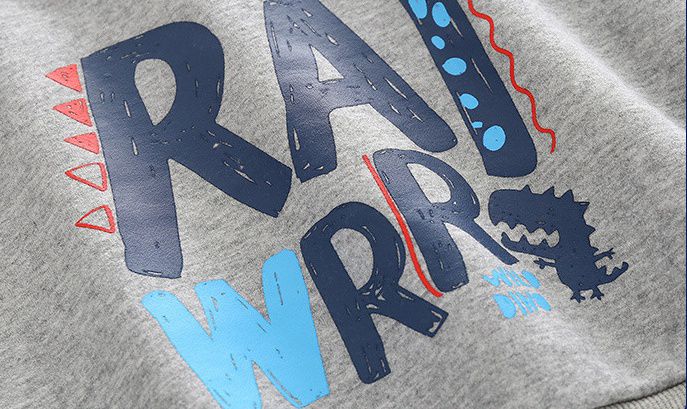 WELLKIDS - 加絨圓領長袖上衣-英文字恐龍-灰色