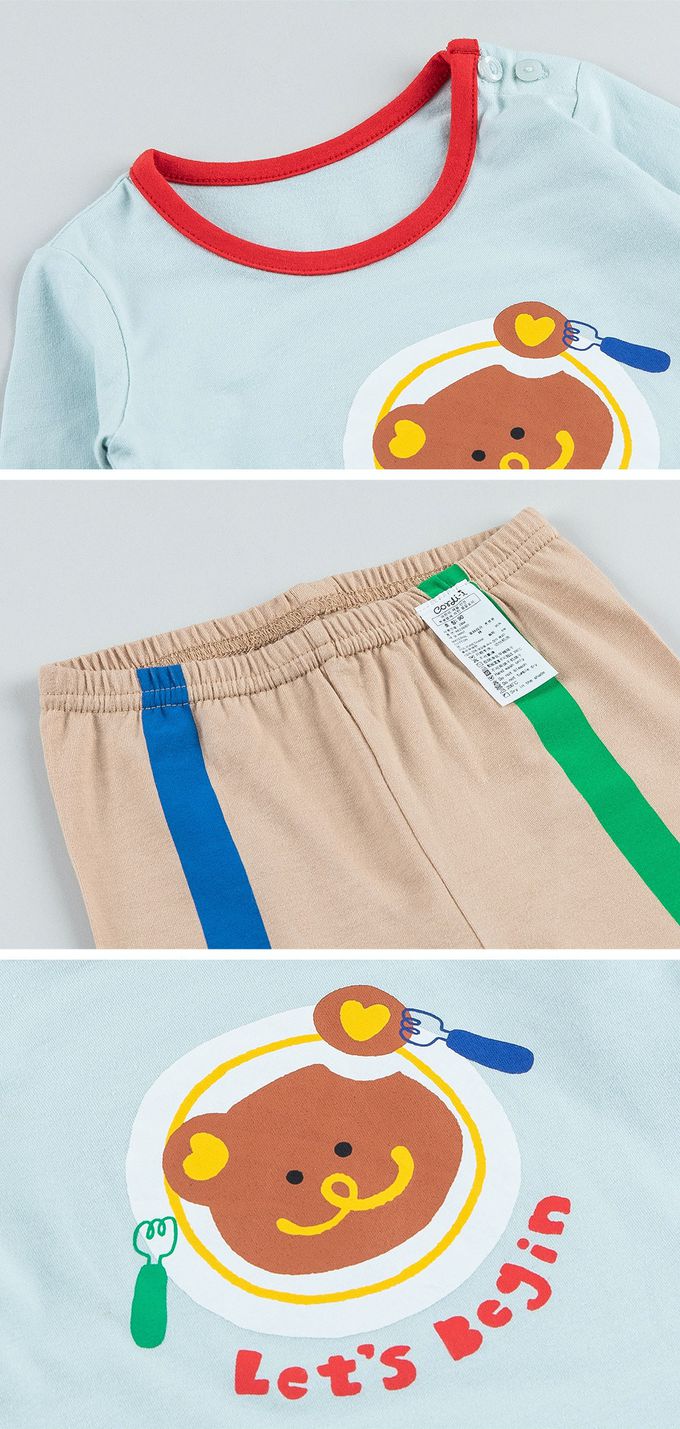 韓國 Cordi-i - 無螢光棉薄款彈性長袖家居服-小熊鬆餅-湖藍X奶茶