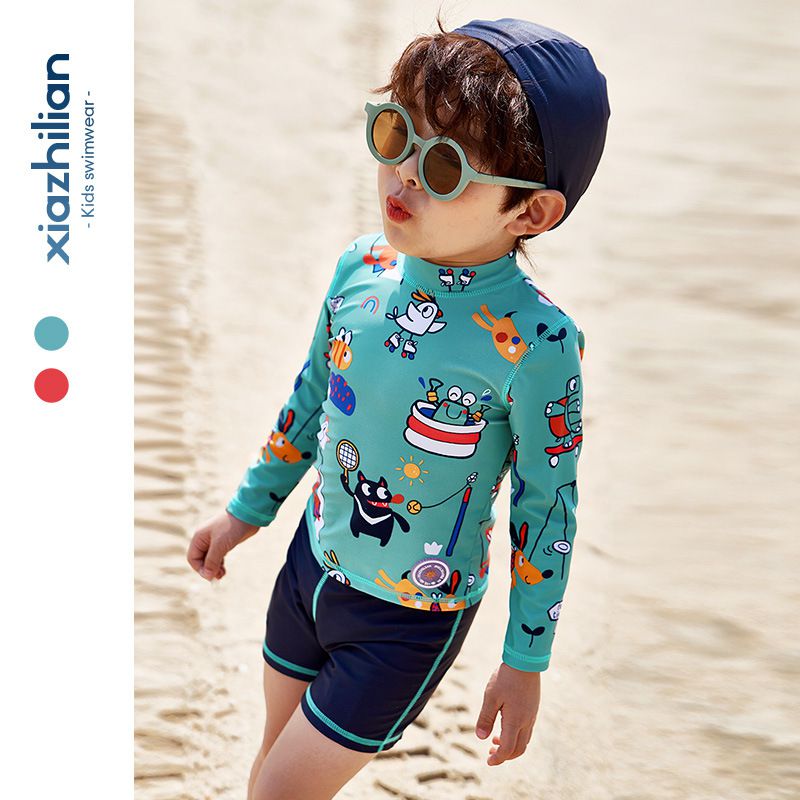 男寶防曬長袖泳裝套裝(附帽子)-動物世界-綠色