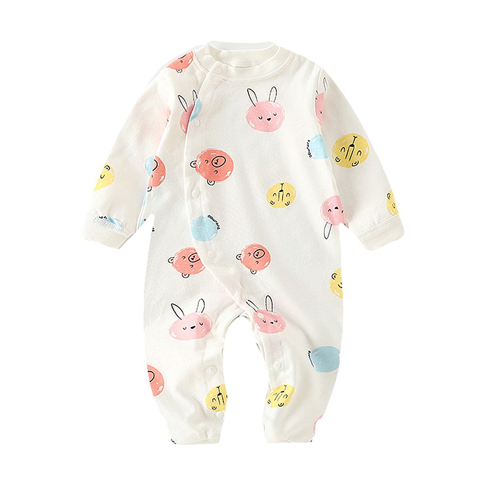 純棉長袖包屁衣 前開扣連身衣 寶寶睡衣-圓圓動物