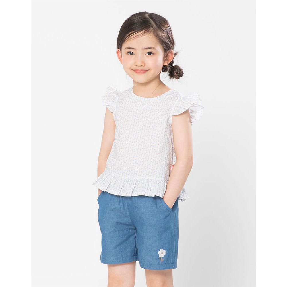 鄰家小花挖背荷葉邊上衣X短褲套裝-白X丹寧藍