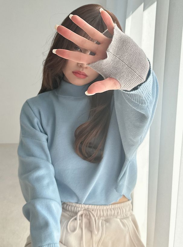 日本 GRL - 假兩件針織短版長袖上衣(附指穴)-寶貝藍x淺灰 (F)