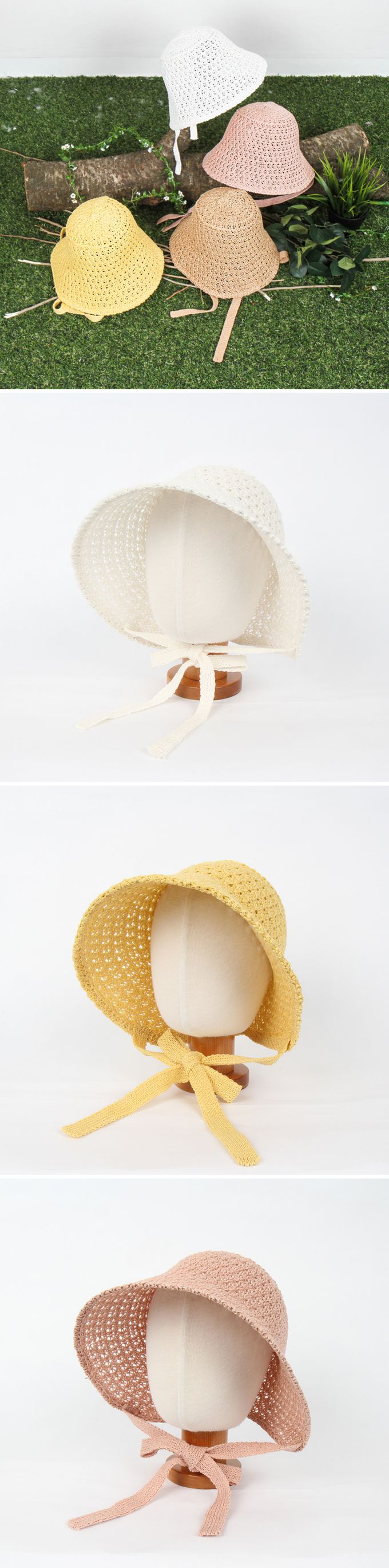 韓國 Babyblee - 正韓製兒童編織綁帶遮陽帽-粉 (FREE[頭圍約50~53cm])