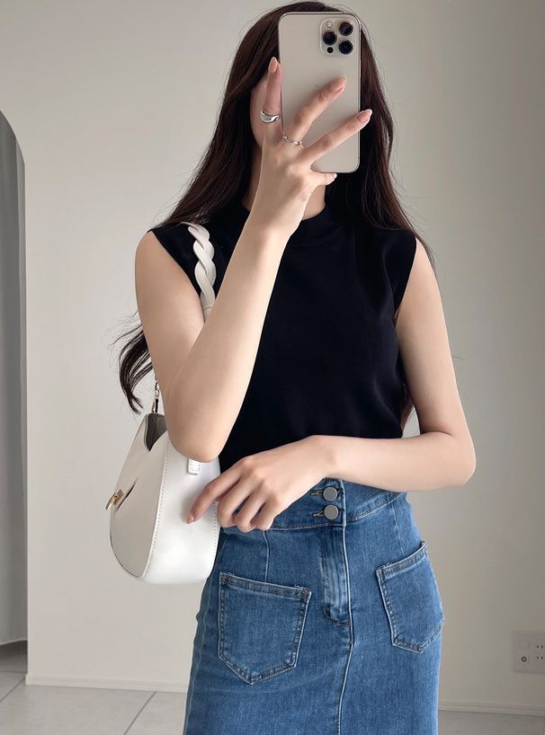 日本 GRL - 彈性薄針織顯瘦無袖上衣-天使白