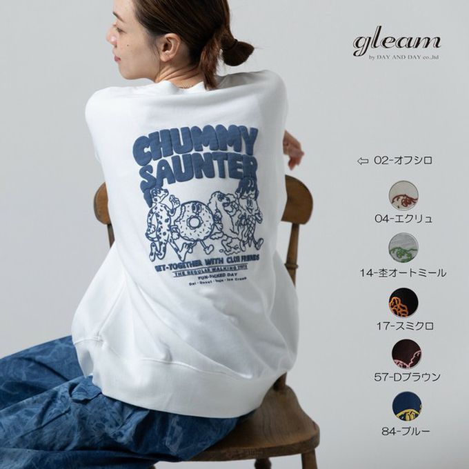 日本 gleam - 裏毛寬版甜點好友印花大學T-淺灰x綠