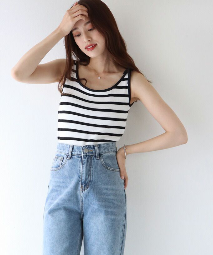 日本 BLUE EAST - 單邊綁帶條紋無袖上衣-綠