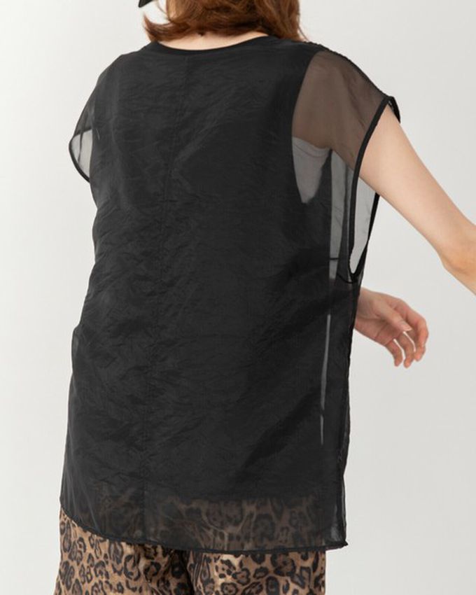 日本 gleam - 輕盈歐根紗唯美顯瘦法式袖上衣-黑