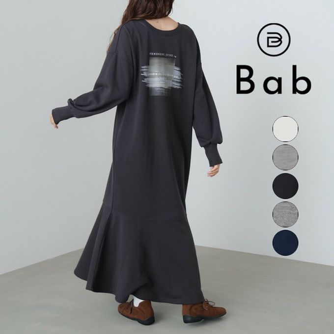 日本 Bab - 前後2way魚尾下擺休閒印花長袖洋裝-炭黑