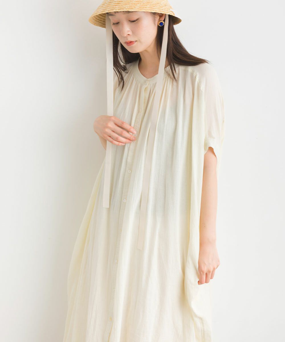 日本女裝代購 - 100%印度棉 文藝感排扣五分袖洋裝-米白