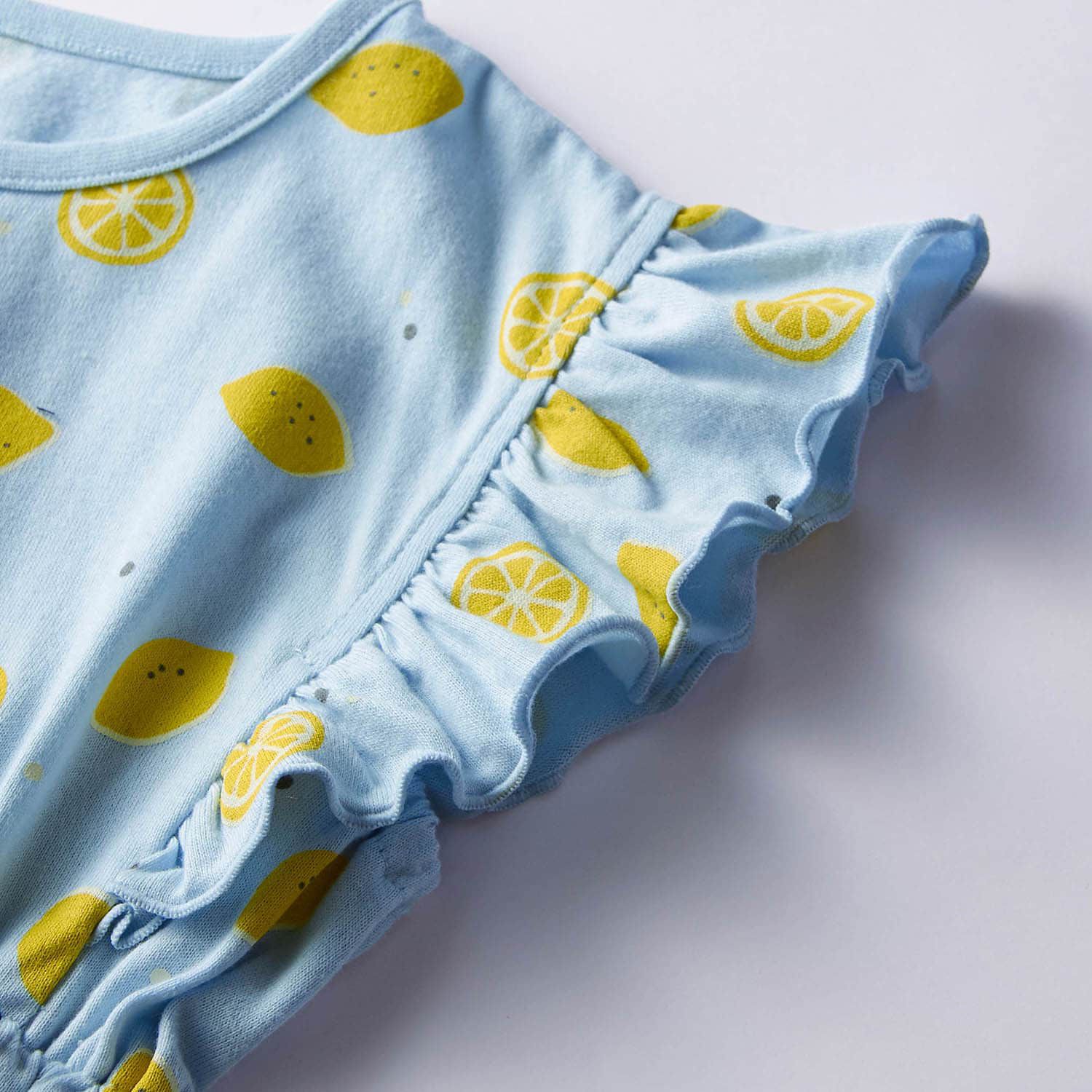 日本千趣會 - 清爽系檸檬印花荷葉袖洋裝-水藍