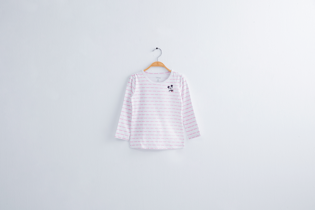 WIWI - 米奇條溫灸刷毛圓領發熱衣-童-白粉色