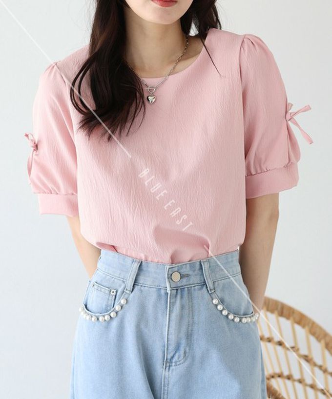 日本 BLUE EAST - 甜美可愛蝴蝶結點綴短袖上衣-粉紅 (M)