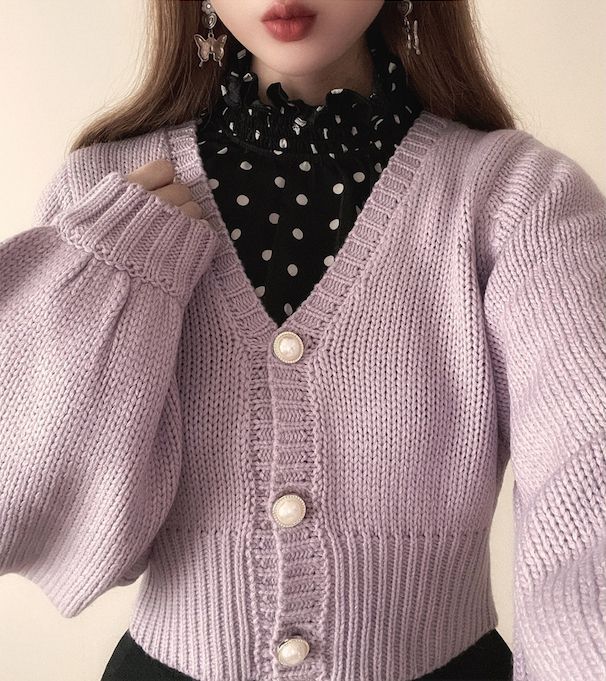 日本 GRL - 公主珍珠釦泡泡袖針織外套-天使白 (F)