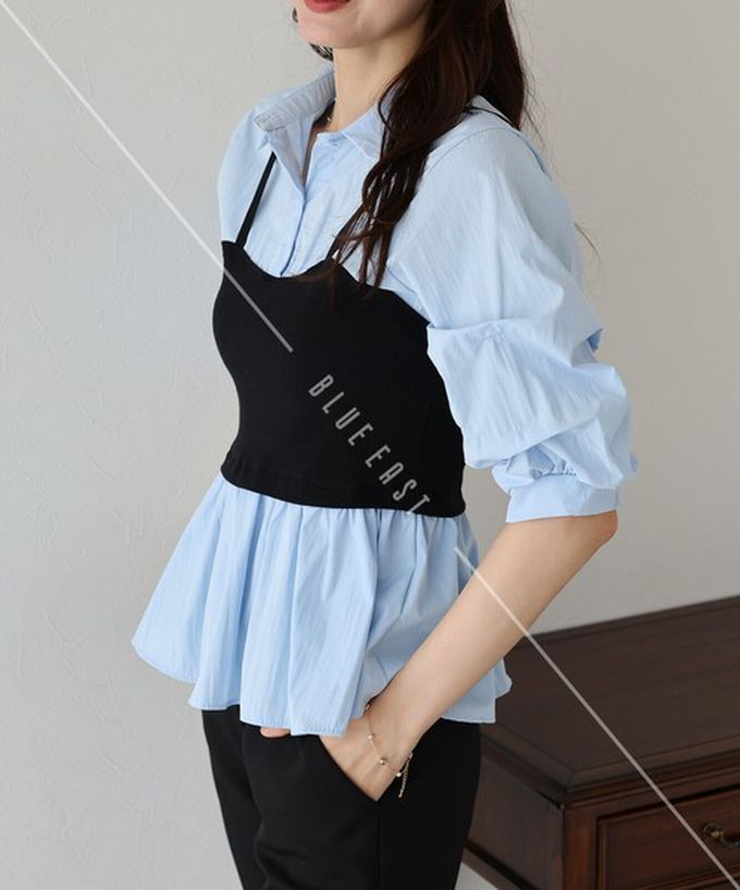 日本 BLUE EAST - 假二件俐落時尚疊穿五分袖上衣-黑x白