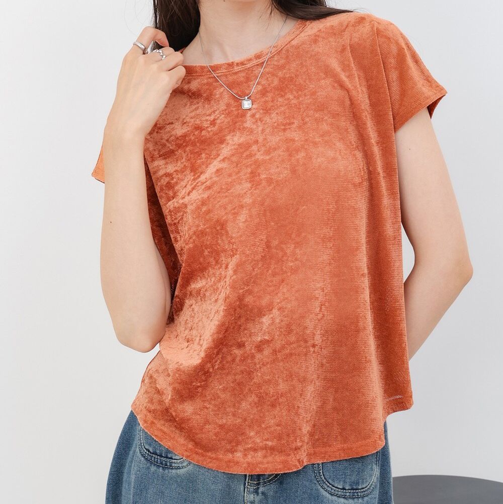 微透輕盈天鵝絨法式袖上衣-橘 (M)