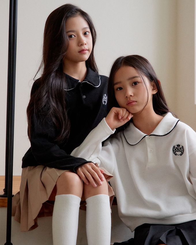 韓國 sm2 - 學院風格鬆餅紋長袖翻領上衣-黑