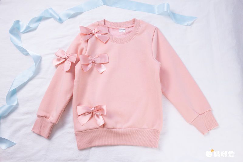 加絨長袖大學T-蝴蝶結-粉色