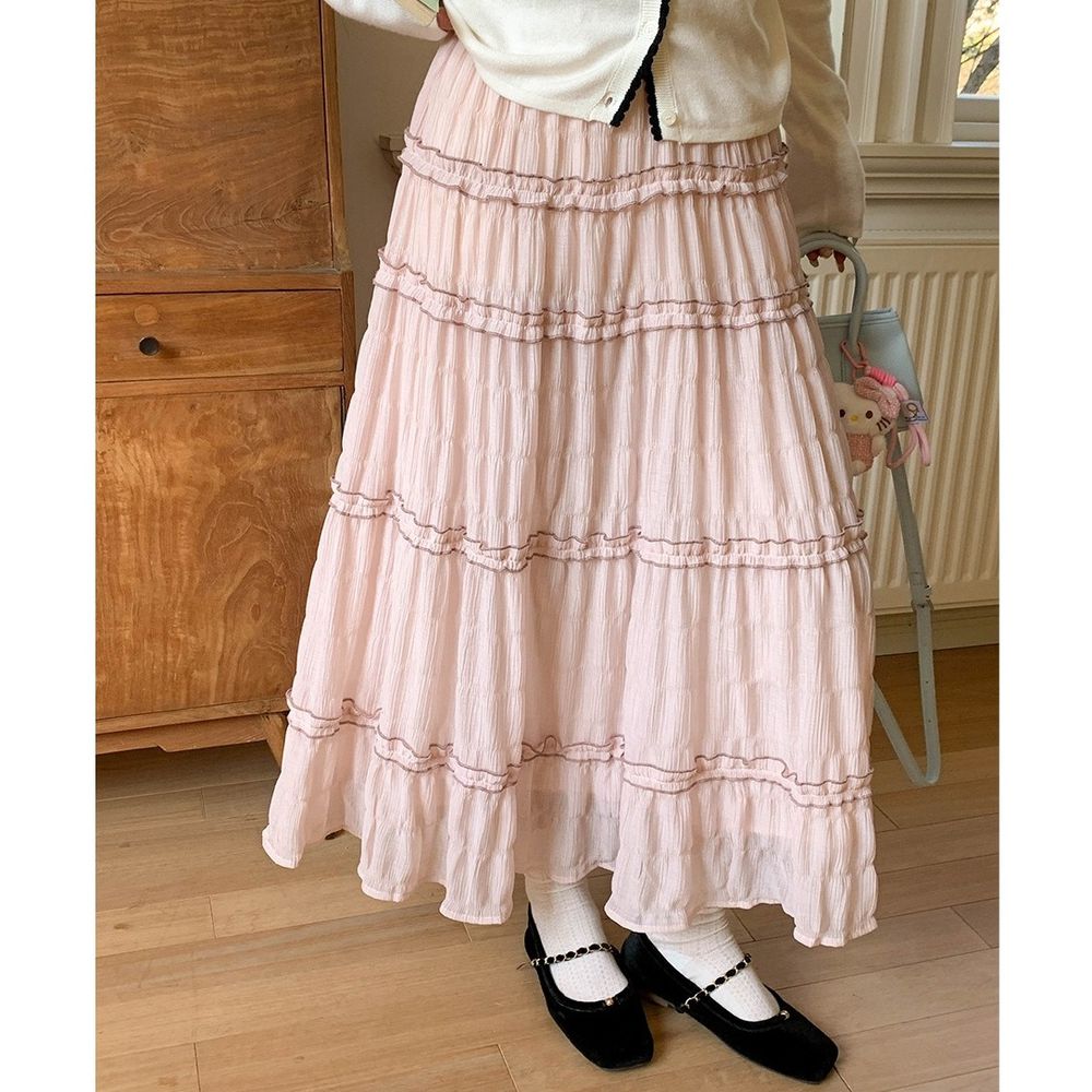 溫柔感木耳花邊蛋糕長裙-粉