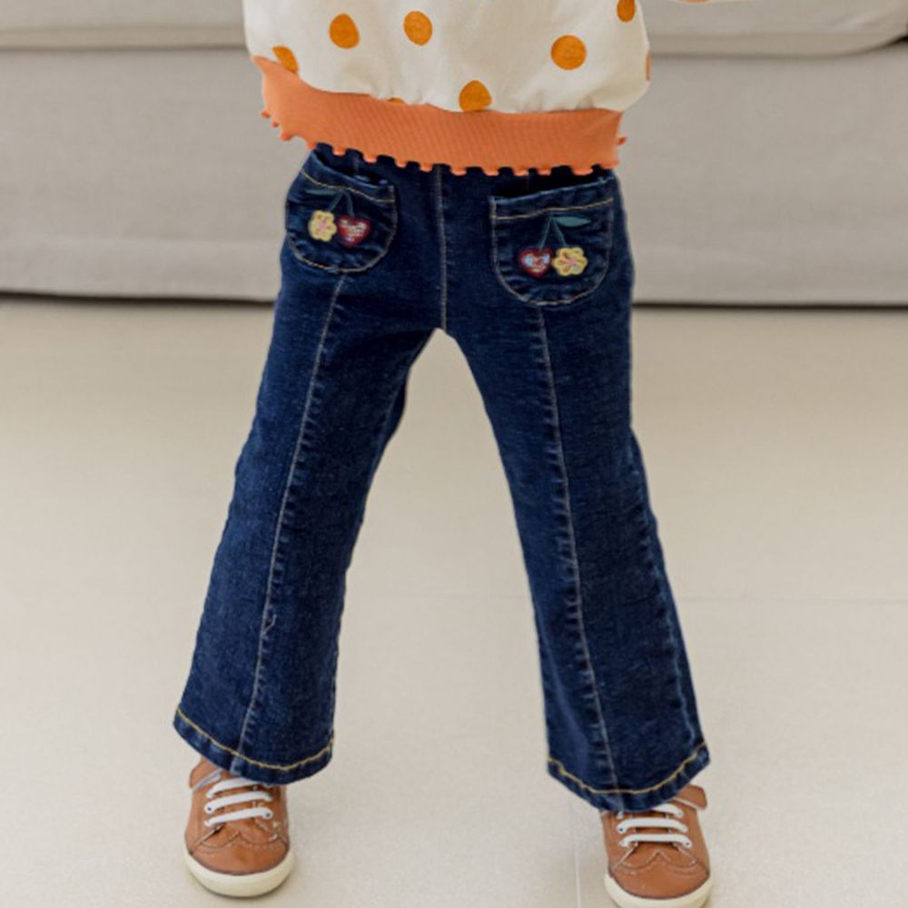 韓國 Orange Mom - 刺繡櫻桃牛仔喇叭褲