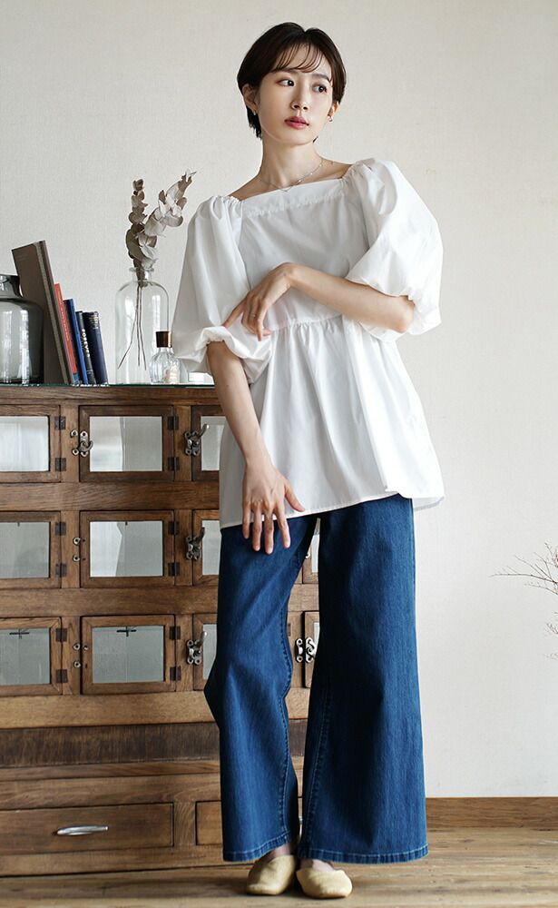 日本 zootie - 優雅方領縮腰泡泡袖上衣-簡約黑