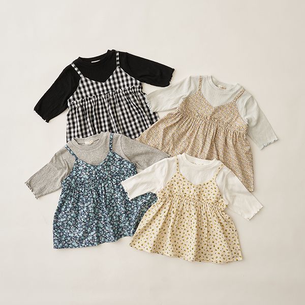 日本 Lycee mine - 假二件吊帶五分捲邊袖上衣-灰x藍花