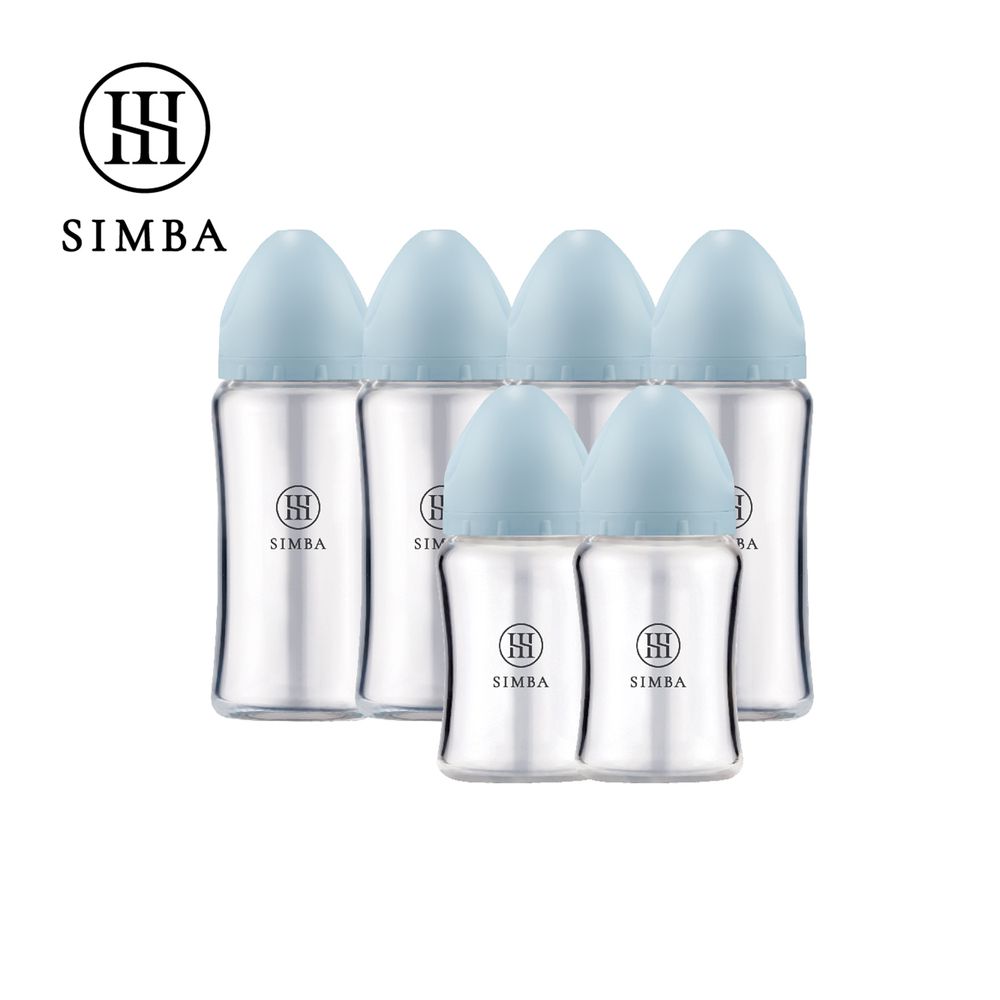 蘊蜜質金玻璃寬口防脹氣奶瓶4大2小全配組-新生適用-晨藍