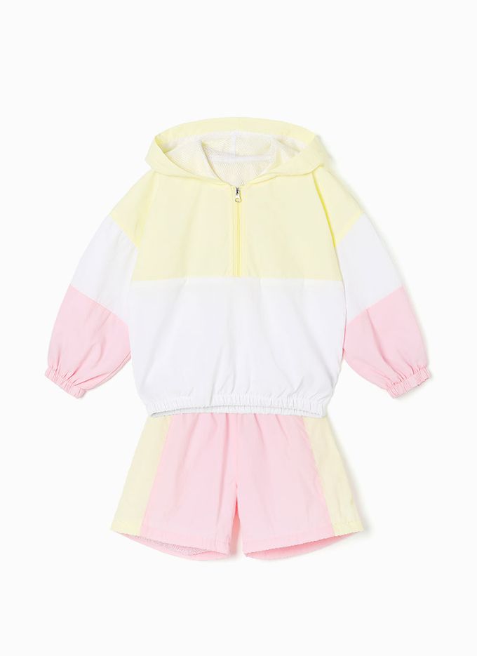 韓國 OZKIZ - 運動風網眼內襯長袖短褲套裝-黃X白X粉