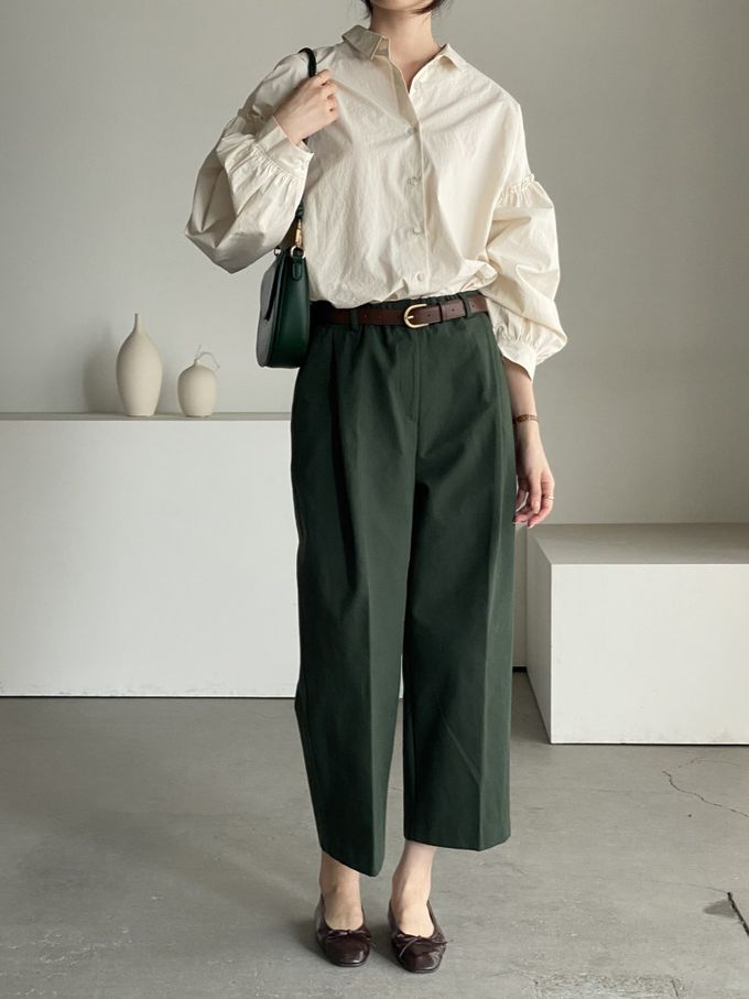 韓國女裝連線 - 極簡拼接翻領長袖襯衫-米杏 (FREE)