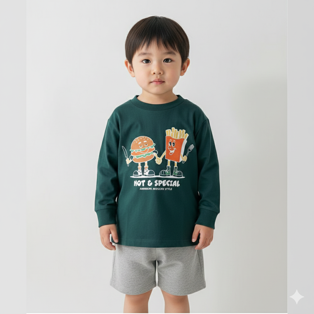 100%棉 美式印花薄長袖上衣-漢堡薯條兄弟-濃綠