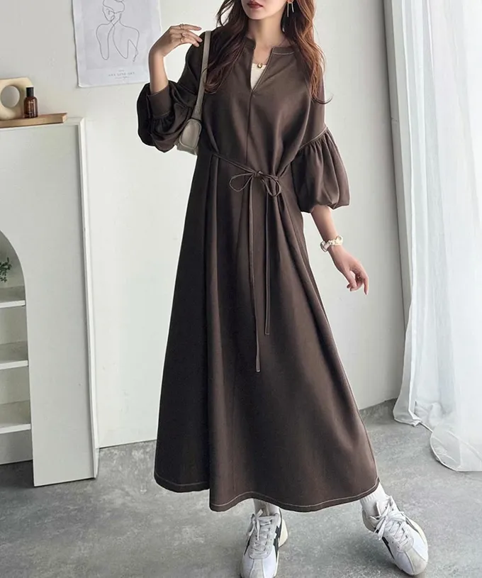 日本 Classical Elf - 鑰匙領氣質澎澎腰綁帶長袖洋裝-咖啡