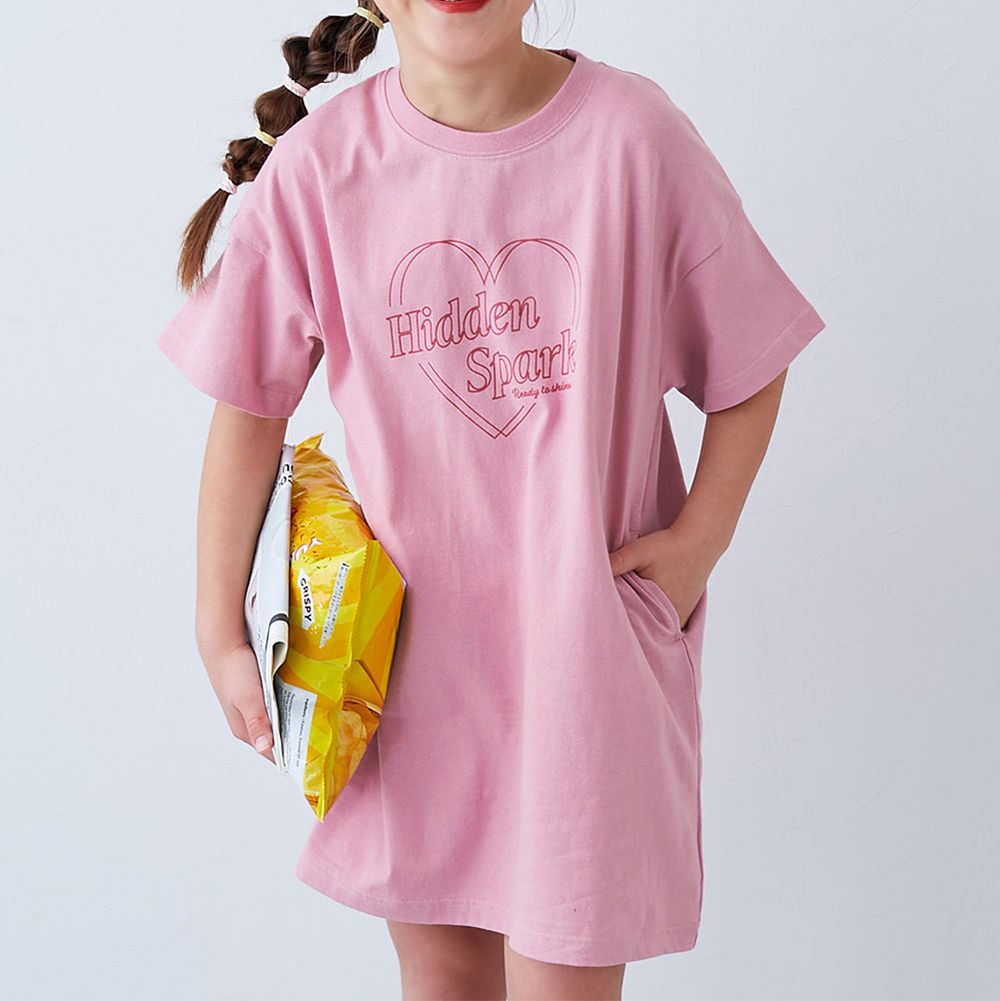 100%棉 率性印花短袖洋裝-愛心線條-粉紅