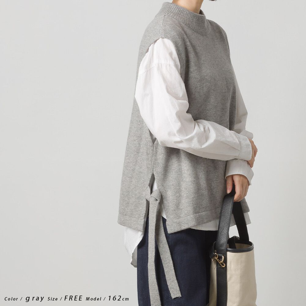 日本 OMNES - 50%羊毛 小立領側綁帶針織背心-紫