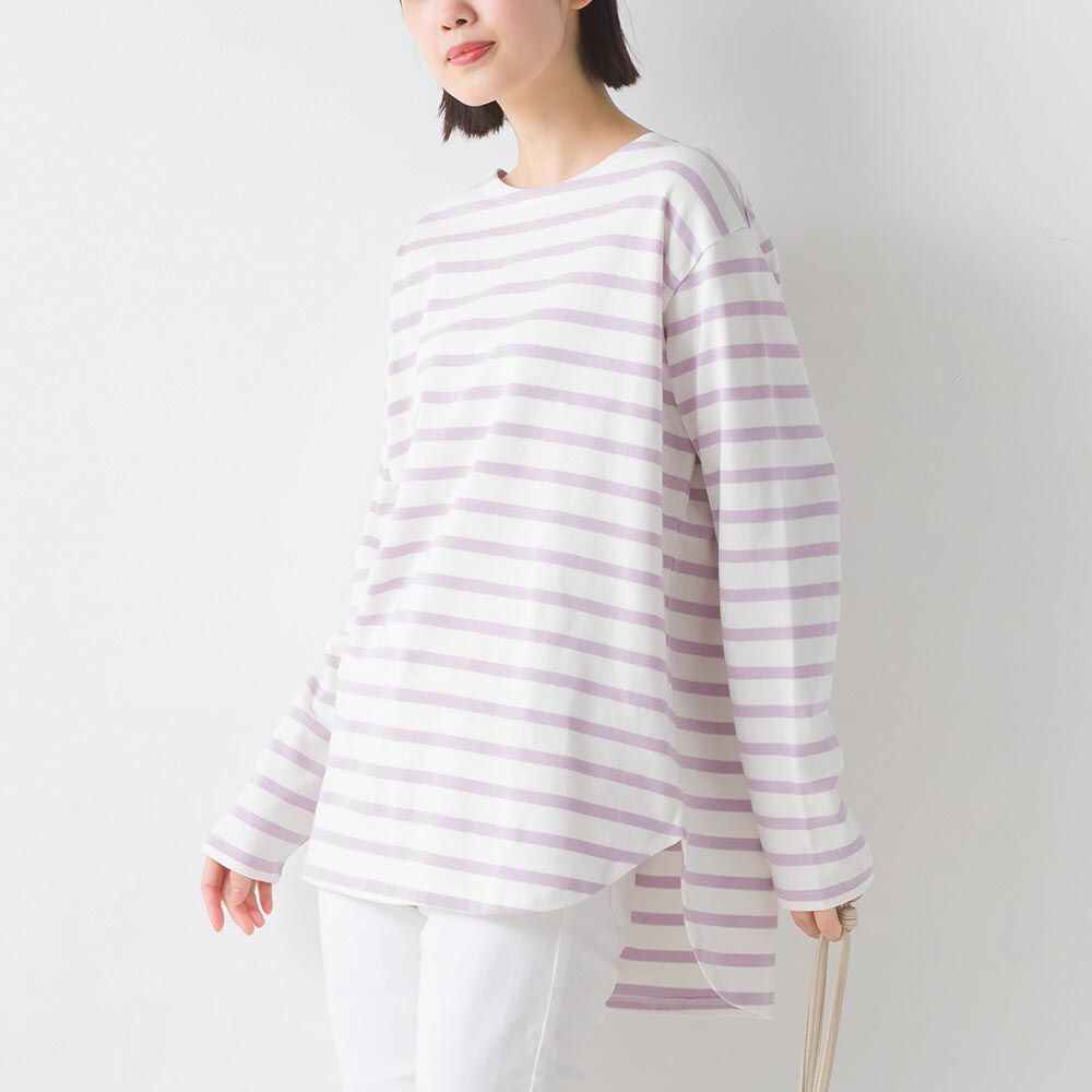 日本 OMNES - [下擺圓弧]純棉厚磅條紋長袖上衣-薰衣草x白
