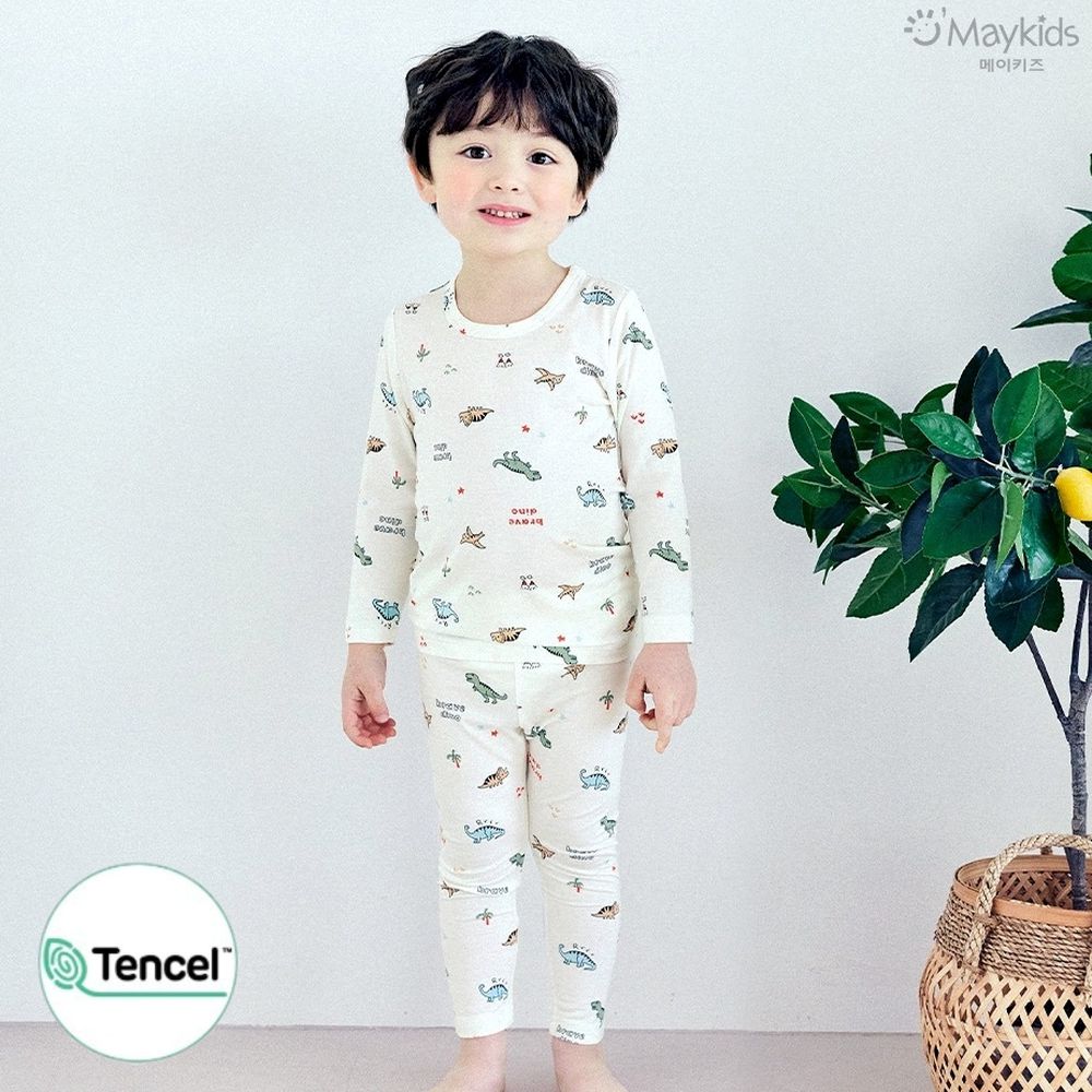 天絲莫代爾透氣長袖家居服-萌萌恐龍-米