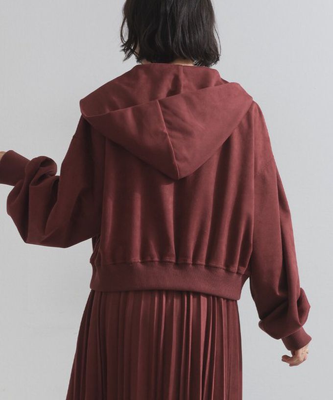 日本 ELENCARE DUE - 輕盈絨皮感雙拉鏈短版連帽外套-焦糖棕