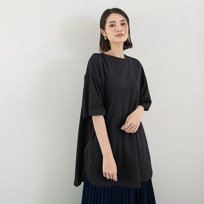 Yukié - 圓領休閒側開衩長版上衣-黑色 (F)