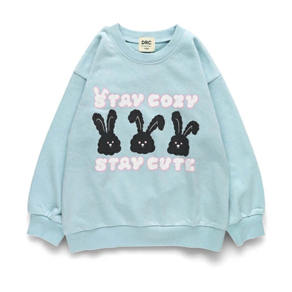 可愛女孩印花縮口長袖上衣-兔兔-水藍