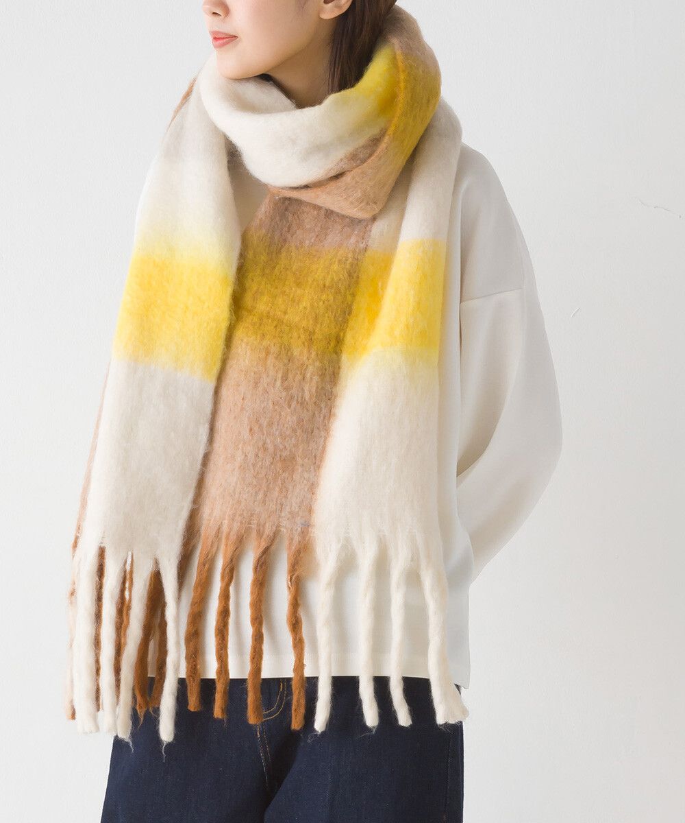 日本 OMNES - 起毛柔軟流蘇圍巾/披肩-粉橘黃 (36x198cm)