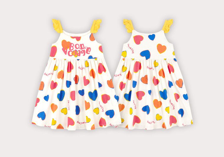 韓國 HEJMINI - 多彩愛心荷葉背心洋裝-象牙白