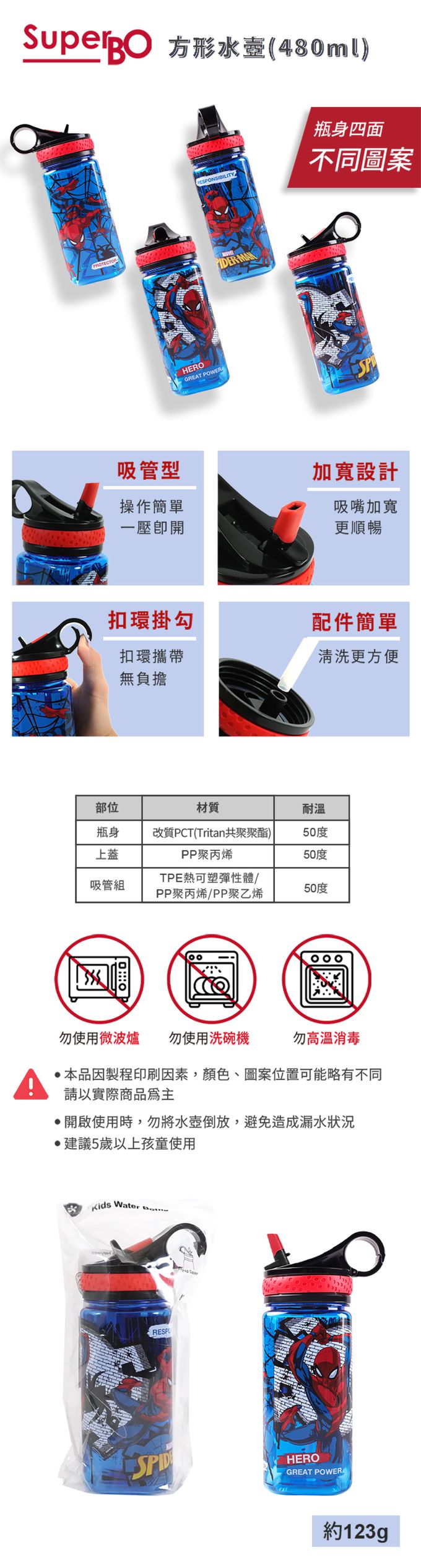 SuperBO - 兒童吸管方形水壺-蜘蛛人-480ml