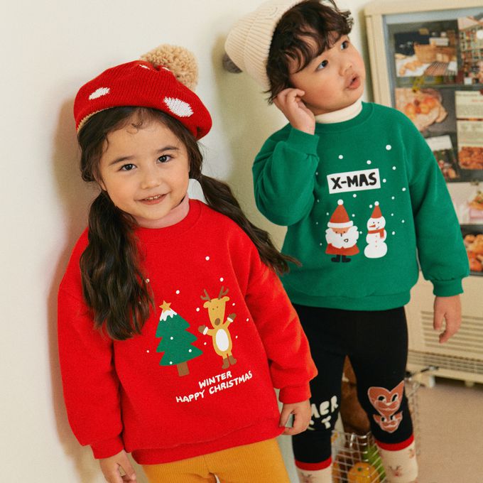 韓國 First Blue - (內磨毛)慶祝聖誕節長袖大學T-馴鹿與樹-紅