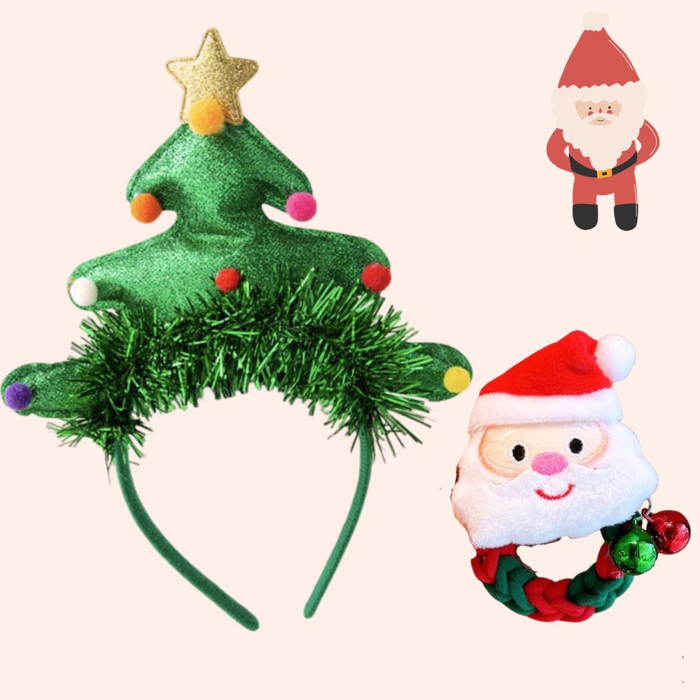 Love, Charlotte - 聖誕樹髮箍+聖誕老人鈴鐺彈力髮圈-2件一組-袋裝