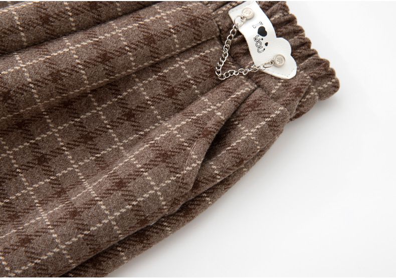 FANMOU - 英倫風加絨腰鬆緊格紋長褲-咖啡色