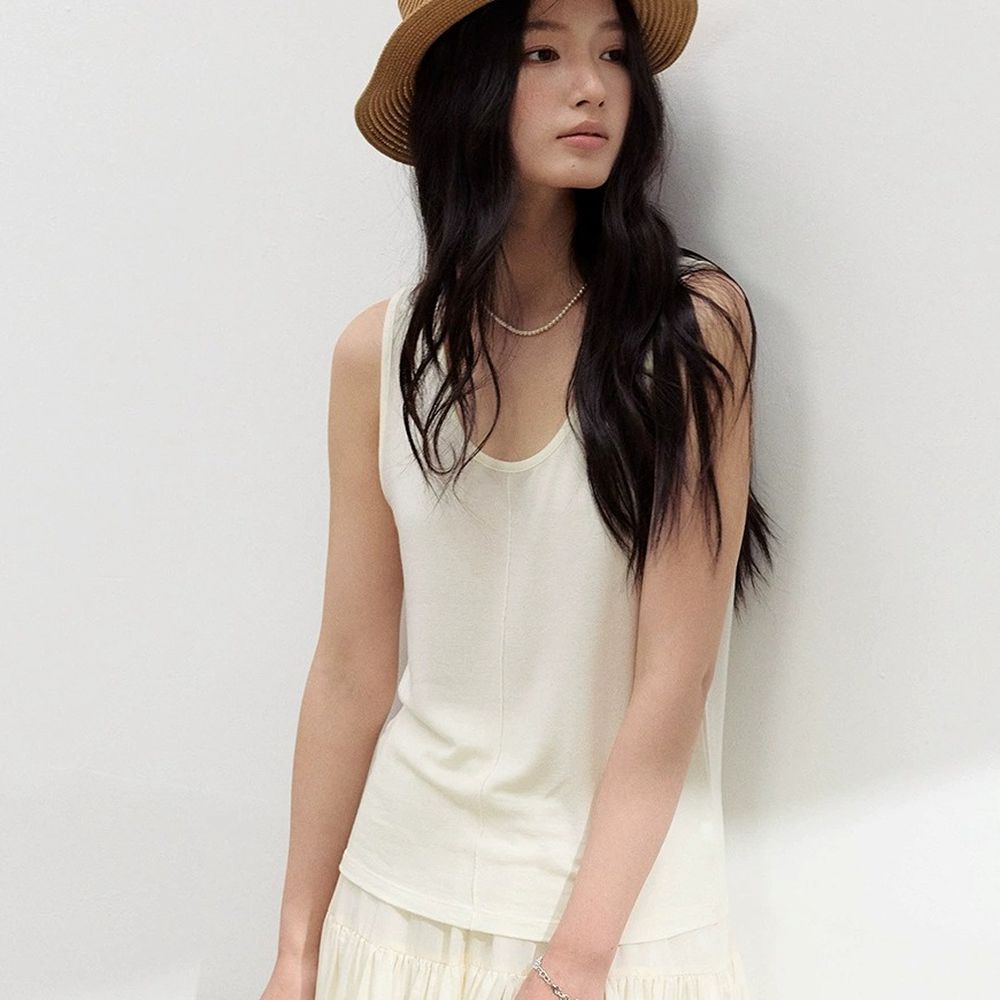 雲感天絲混亞麻中線U領背心-米白