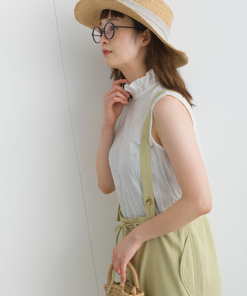 日本女裝代購 - 木耳領楊柳感無袖上衣-直條紋-深灰藍