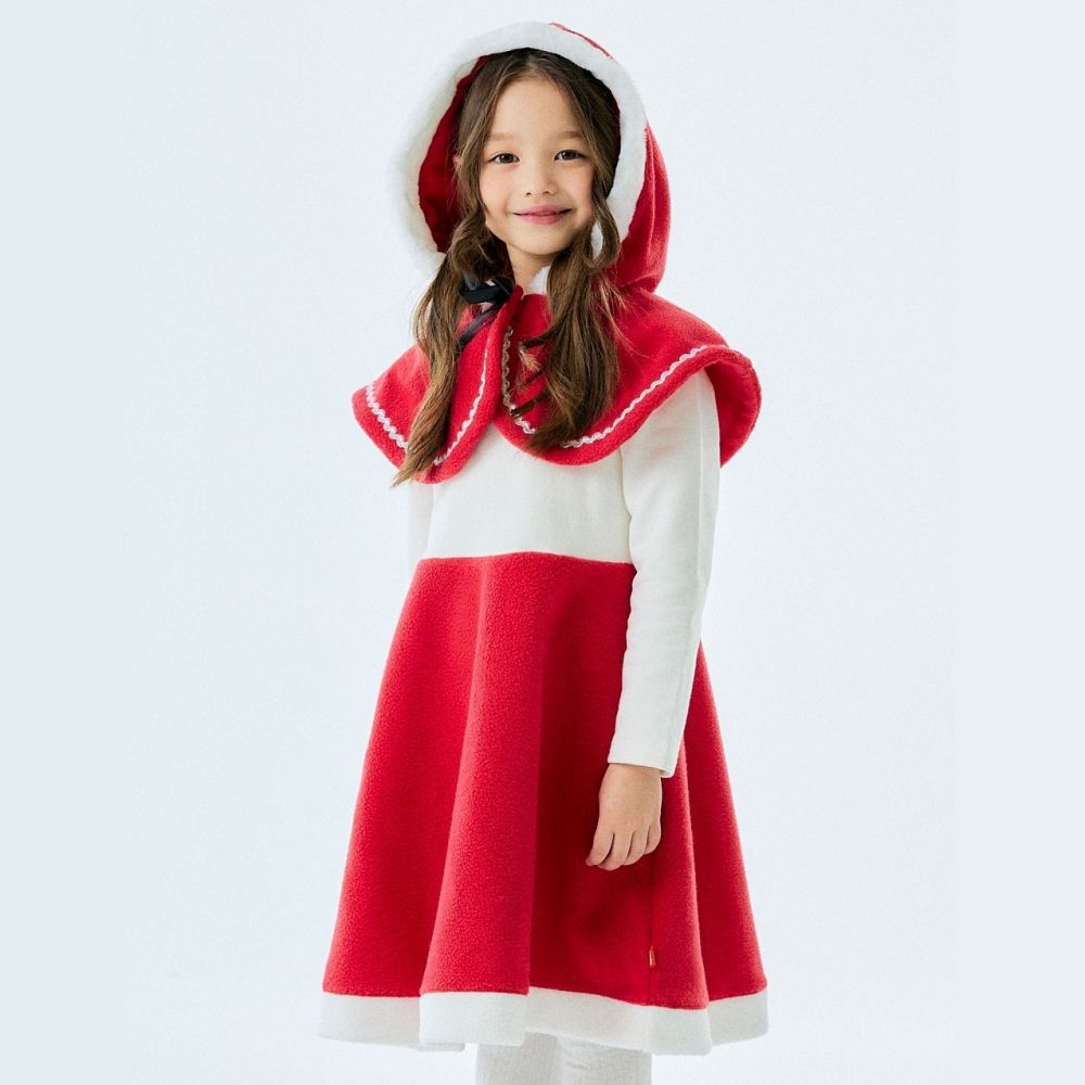 (附斗篷帽)冬日搖粒絨長袖洋裝-白X紅