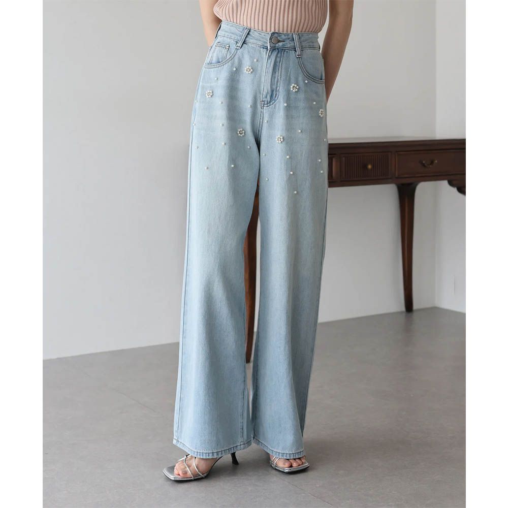 夏日迷人珍珠花朵直筒牛仔褲-淺藍